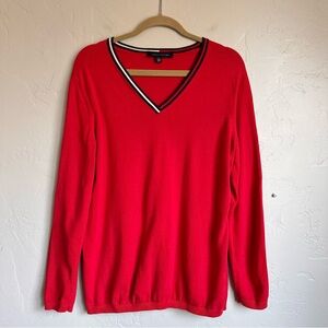 Tommy Hilfiger Women’s Preppy Red V-Neck Sweater Navy White Stripe Trim XL EUC